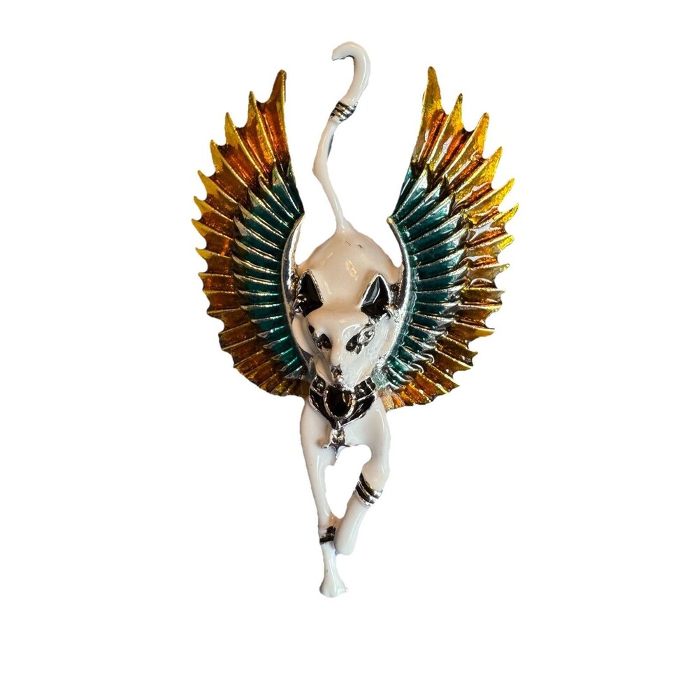 Vintage Egyptian Cat Brooch Pin Enamel Wings White Bastet Goddess Silver Tone 3”